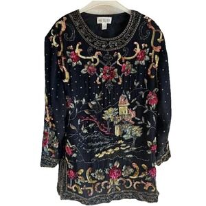 Vintage 90s QPS Beaded Silk Tunic, Size 3X, Statement Artwear, Holiday/Occasion